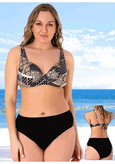 Sunsurf Büyük Beden Desenli Toparlayıcı Bikini Siyah 50-52-54-56 Beden Siyah