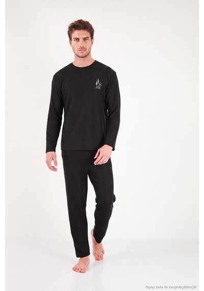 Buratti Yumuşak Dokulu Minimal Nakışlı Uzun Kollu Pijama Takımı Erkek Pijama Takımı 6575009 Siyah