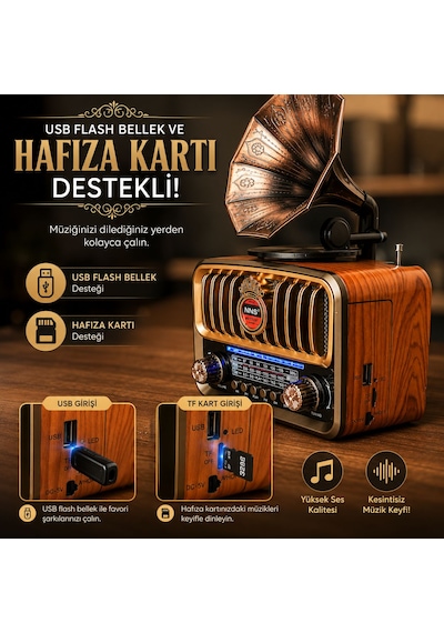 Nostalji Gramofon Tasarımlı Fm Radıo Hafıza Kartı Ve Usb Flash Bellek Destekli Şarj Edilelir Bluetooth Hoparlör