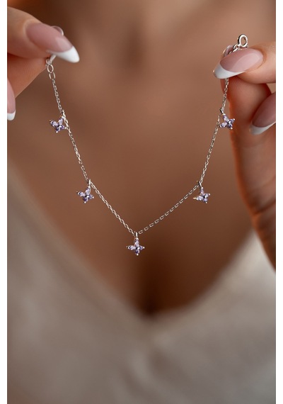 925 Ayar Gümüş Rodyum Kaplama Mor Taşlı Kelebek Şans Bileklik Çok Renkli