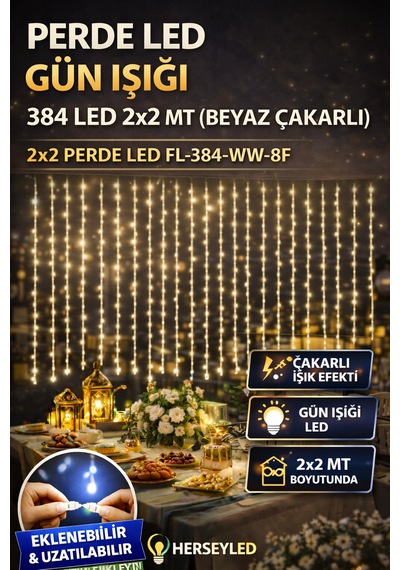 Perde Led Gün Işığı 384 Led 2x2 Mt Beyaz Çakarlı Gün Işığı