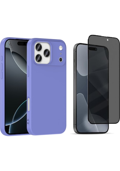 Apple Uyumlu iPhone 17 Pro Içi Kadife Lansman Kılıf Ve Hayalet Tam Kaplayan Cam Ekran Koruyucu Lila