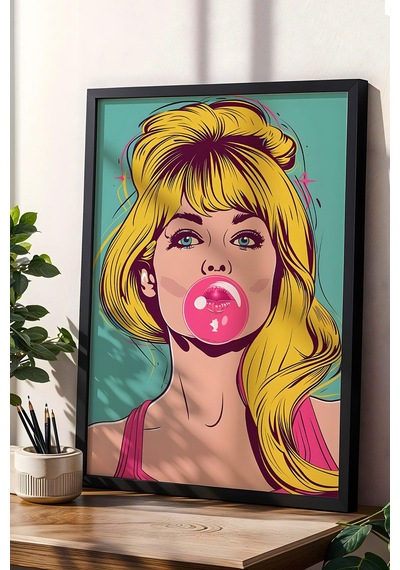 Balon Çiklet Şişiren Kadın Çerçeveli Tablo - Pop Art Poster Tablo