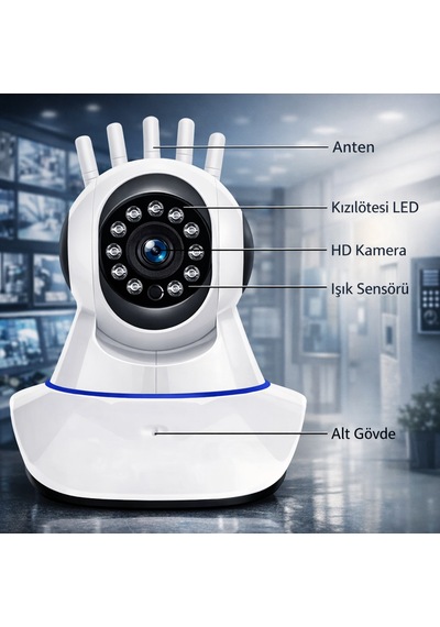 Güvenlik Kamerası Ethernet Girişli 360 Derece Dönebilen 3 Antenli Full Hd Smart Wifi Ip Kamera - Bebek Kamerası