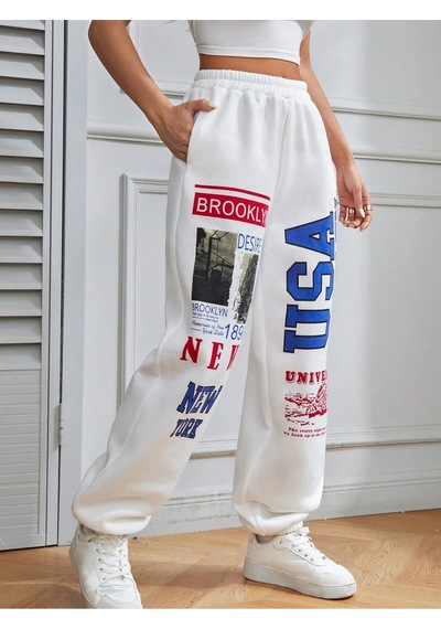 Coolane Letter Graphic Elastic Waist 4 Mevsim Eşofman Beyaz