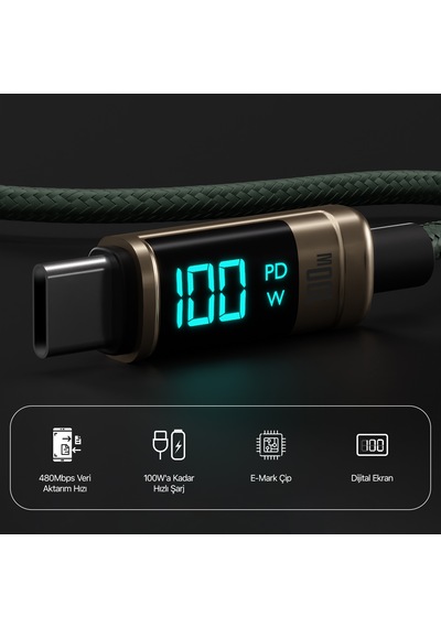 Bix BX09CC 100 W Type-C  Led Ekranlı Şarj ve Data Kablosu 1 M Bronz