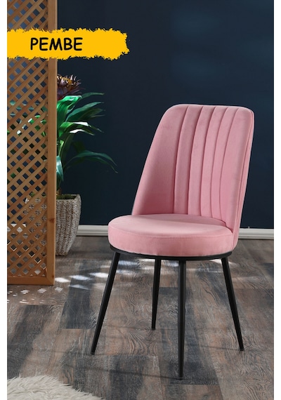 Gold Sandalye - Pembe - Metal Siyah Ayak 2 Adet - Salon Sandalyesi / Mutfak Sandalyesi Pembe