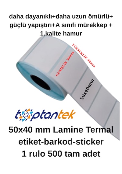 Barkod Etiket Sticker 50x40 Mm Lamine Termal Etiket 1 Rulo 500 Tam Adet Etikettir 1