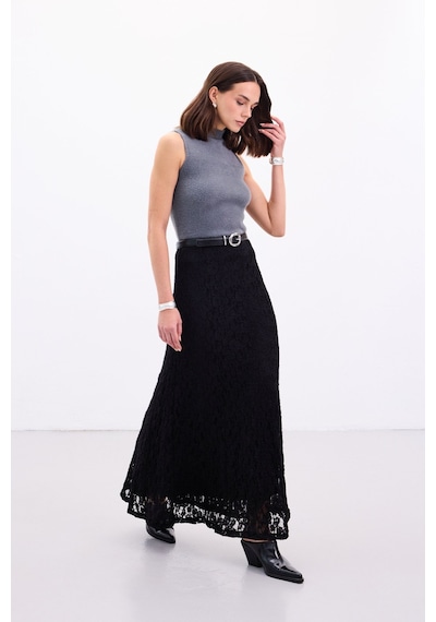 Sateen Dantelli Uzun Etek - Siyah-136891 Siyah