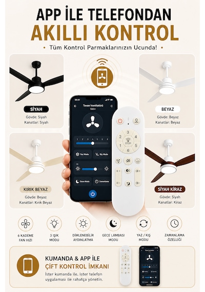 132 Cm Akıllı Tavan Vantilatörü Kumandalı & App Kontrollü 6 Kademeli Sessiz Led Tavan Fanı 3 Işık Modlu Yaz/kış Modu