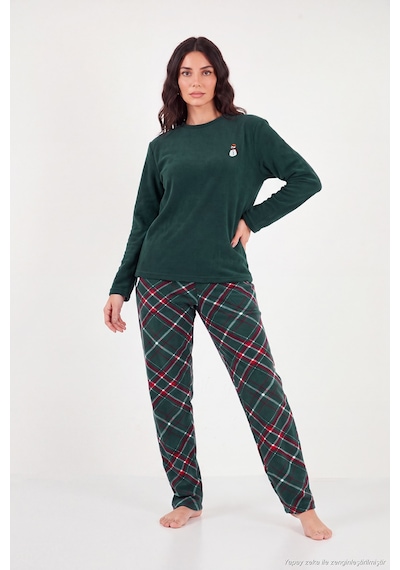 Lela Ekose Desenli Bisiklet Yaka Yumuşak Polar Pijama Takımı Kadın Pijama Takımı 6097059k Nefti