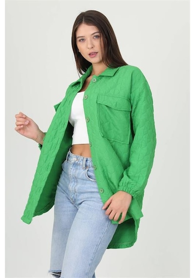 Neşeli Butik Kadın Kapitone İşlemeli Owersize Regular Ceket Gömlek Nb10055 Yeşil