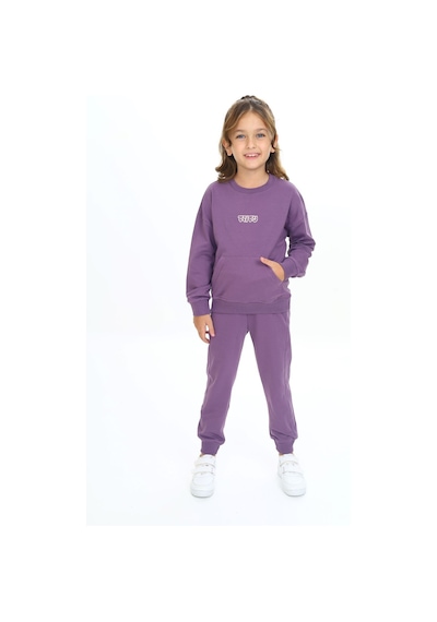 Toontoy Kids Toontoy Kız Çocuk 2'li Takım Nakış Baskılı Bisiklet Yaka Cepli Sweatshirt & Beli Paçası Ribanalı Jogger Eşofman Altı - 2 İplik Mor