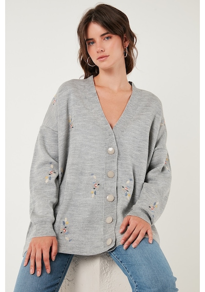 Lela Çiçek Işlemeli Oversize Fit V Yaka Düğmeli Bayan Hırka 4616191 Açık Gri