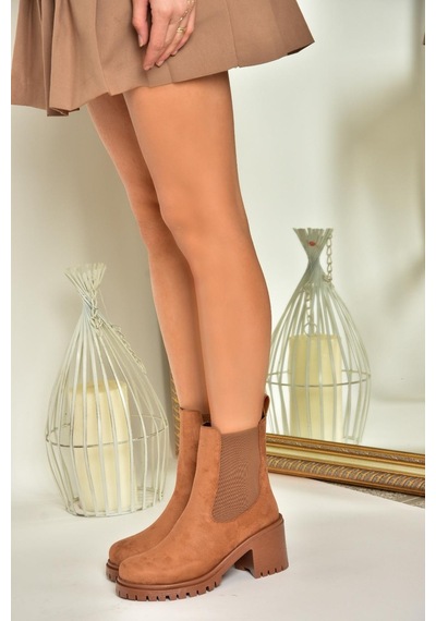 Fox Shoes T726981602 Taba Süet Lastikli Kalın Topuklu Kadın Bot Taba-Süet Taba