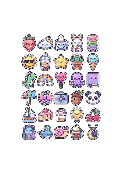 30 Adet Pastel Sevimli Obje Sticker Seti - Laptop Defter Telefon Ajanda İçin Çok Renkli