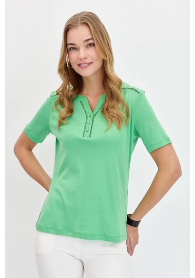 Desen Triko Kadın Omzu Ve Yaka Kenarı İşlemeli Pamuklu T-shirt Kmy24004 Yeşil