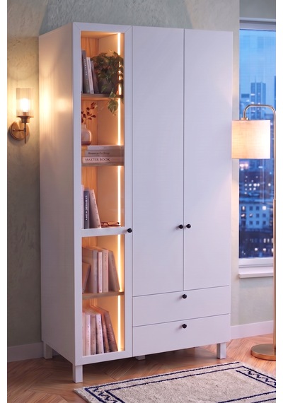 Robin Home Silva Temperli Camlı Neon Led Işıklı 3 Kapaklı 2 Çekmeceli Gardırop Elbise Dolabı Ahşap Ayaklı Sepet-beyaz 184cm Robin Home Silva Temperli Camlı Neon Led Işıklı 3 Kapaklı 2 Çekmeceli Gardırop Elbise Dolabı Ahşap Ayaklı Sepet-beyaz 184cm