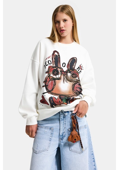 Kadın Beyaz W5 Oversize Baskılı %100 Koton Organik Kumaş Sweatshirt