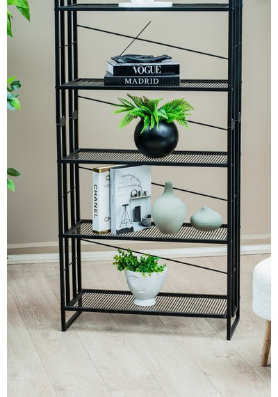 6 Raflı Metal Kitaplık, Modern Dekoratif Raf Ünitesi, Salon Ve Ofis İçin Dosya Dolabı Standı Siyah