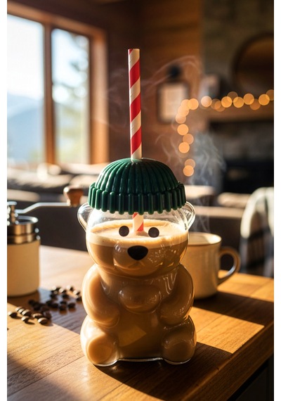 Snippy Bear - Cam Ayıcık Bardak Pipetli Kahve Bardağı Barista İçecek Bardağı 550 Ml Şeffaf