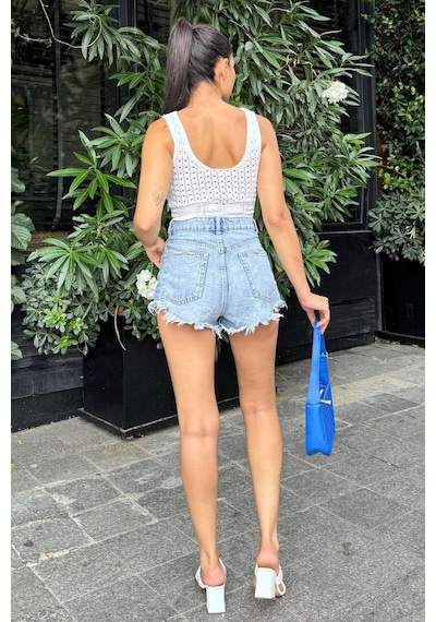 WeShaya Ekru Rahat Kesim Ajurlu Triko Askılı Crop Bluz Ekru