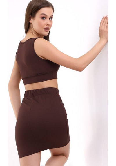 Winmoda34 Kadın Etek-crop 2li Takım Fitilli Kumaş Full Likralı Kahve