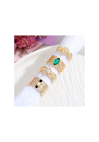 Crown 4 Adet Gold Renkli Yeşil Taşlı Retro & Vintage Tasarım Çoklu Altın Yüzük Seti