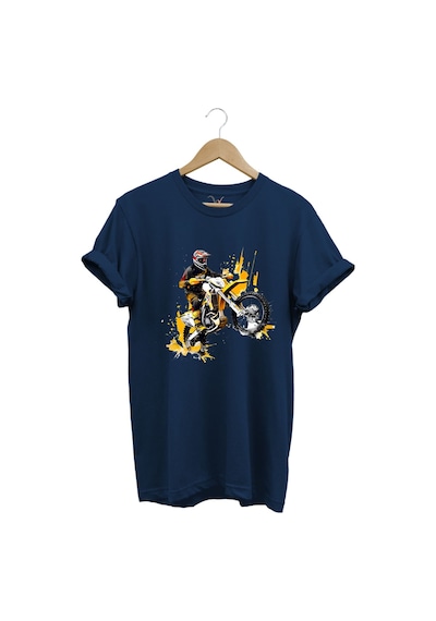 Motorcu Cross Motosiklet Baskılı Ön Kaldıran Motorcu %100 Pamuk Regular Fit Bisiklet Yaka T-shirt Lacivert