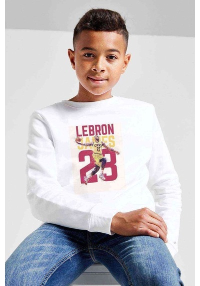 Lebron James Baskılı Unisex Çocuk Beyaz Sweatshirt Beyaz