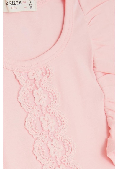 Breeze Kız Çocuk Tişört Fırfırlı Güpür Nakışlı 3-8 Yaş, Pembe Pembe