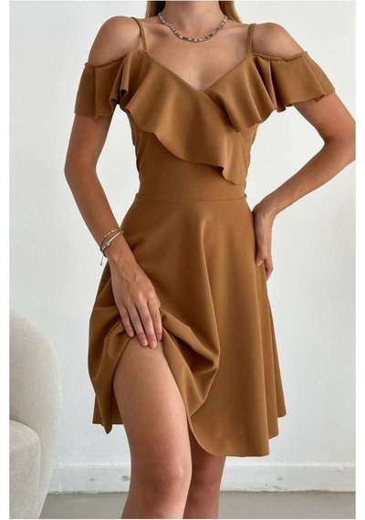 Lior Design Kadın Trend Model Esnek Krep Kumaş Kruvaze Yaka Volanlı Abiye Elbise Vizon