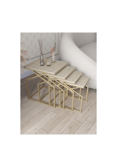 Uygar Zigon Sehpa Yan Sehpa Metal Sehpa Mat Gold Metal - Traverten Desen Mdf Membran Kaplama Gold-traverten