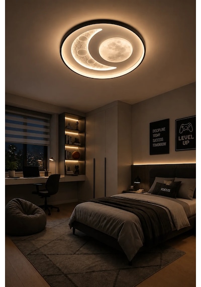 Modern Premium Ay Ve Dolunay Desenli Modern Tavan Armatürü Led Beyaz Işık Dekoratif Şık Avize