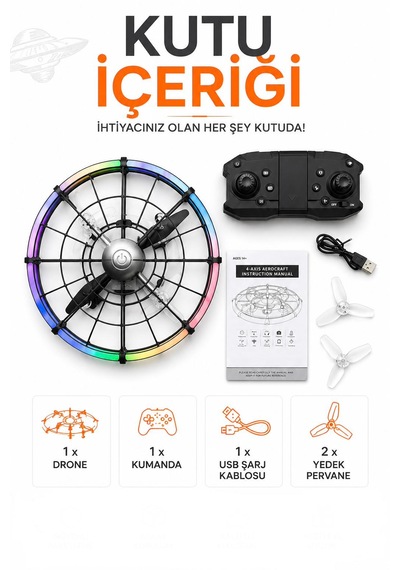 M18 Ufo Dron 4 Eksenli Uçan Araç Daire Renkli Işıklı 2.4 Ghz Uzaktan Kumanda Uygulama İle Kontrol Kameralı Engel Algılama Çarpmaya Dayanıklı 460 Derece Dönüş Tek Tuş İniş Kalkış Başsız Mod Fpv Görüntü