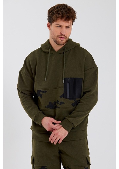 Polostate Erkek Kamuflaj Baskılı Kapüşonlu Sweatshirt Haki