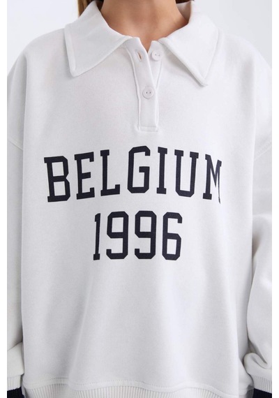 DeFacto Kız Çocuk Oversize Geniş Kalıp Polo Yaka Baskılı İçi Yumuşak Tüylü Sweatshirt D3497A824WNWT34 Beyaz