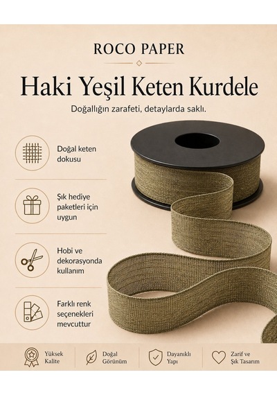 Haki Yeşil Keten Kurdele 2,5 Cm X 20 Metre, Hediye Paketi Ve Hobi Standart