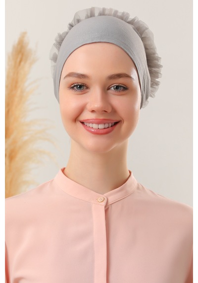 Melodi Scarf Kadın Tesettür Önü Dikişsiz Fırfırlı Penye Bone Gri
