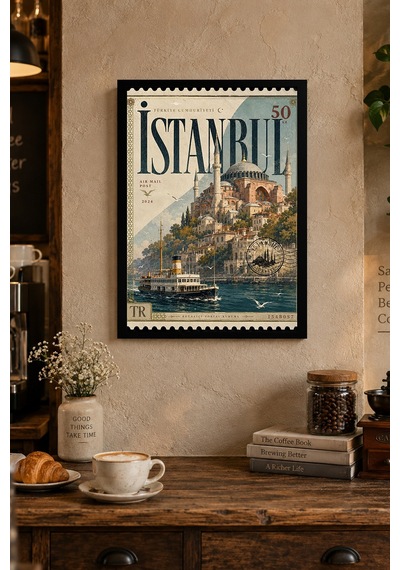 Tarihi Şehir Ve Vapur İllüstrasyonu Desenli Dekoratif Mdf Tablo, Çerçeve Görünümlü Ahşap Poster