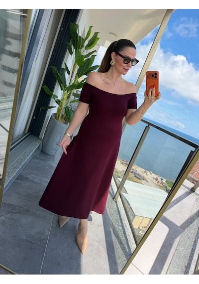 De'charme Kadın Madonna Yaka Midi Boy Modal Elbise Bordo