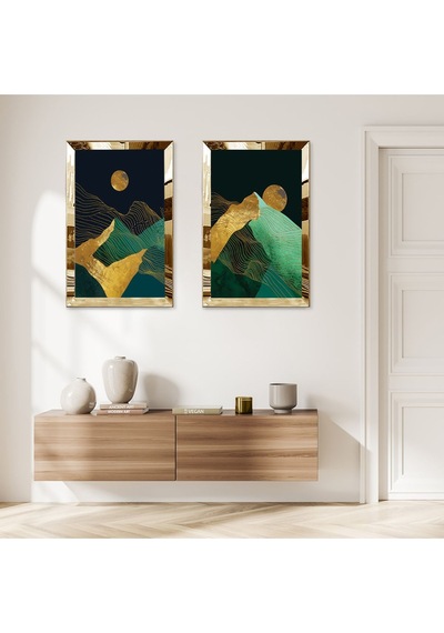Gold Aynalı Pleksi Çerçeveli Soyut Gece Dağ Manzaralı Dekoratif İkili Mdf Tablo Seti