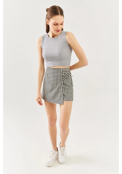 Butikgiz Kadın Sıfır Kol Bisiklet Yaka Vücuda Oturan %100 Pamuklu Kaşkorse Esnek Crop Bluz Gri