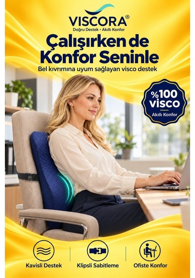 Araba Sırt Minderi Ofis Koltuk Sırt Minderi Ergonomik %100 Visco Klipsli Destek Yastığı, Lacivert