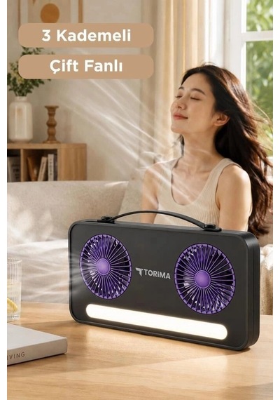 Premium Torima Vantilatör Led Işıklı Şarjlı Çift Fanlı F23 Cihaz Çalışma Seyahat