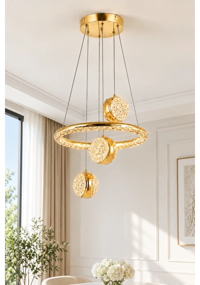 Modern Premium 3'lü Gold Küre 3 Renkli Ledli Sarkıt Avizesi Salon Mutfak Çocuk Odası Modelleri 84w Beyaz