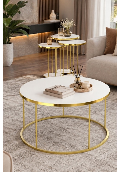Sulorahome 4'lü Beyaz Ve Gold Metal Ayaklı Sehpa Seti Beyaz - Altın