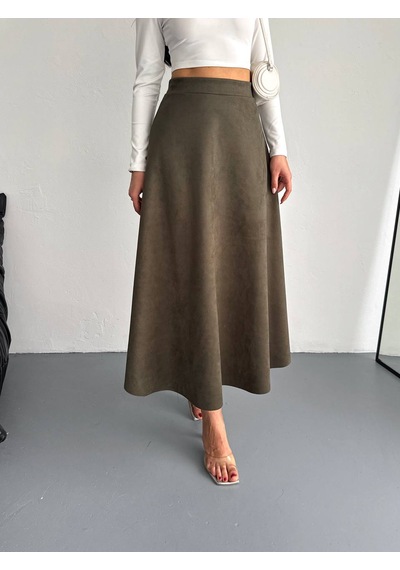 Ozy Fashion Kadın Süet Kloş Etek Haki