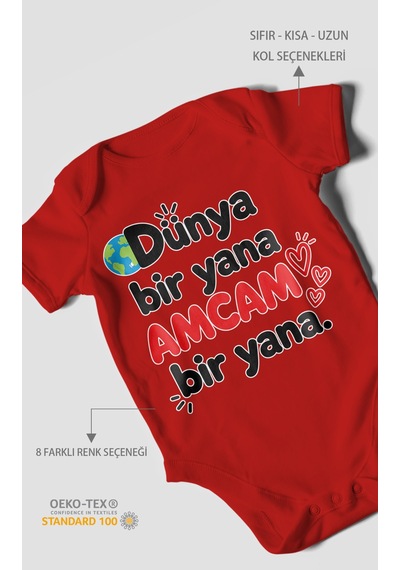 Morivokids Dünya Bir Yana, Amcam Bir Yana Kısa Kollu Bebek Body %100 Pamuk Kırmızı