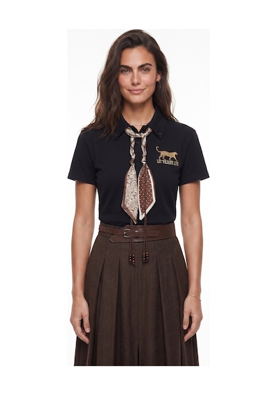 Onloox Kadın Siyah Siyah Pamuklu Esnek Kumaş Polo Yaka Tiger Nakışlı Fular Detaylı Kısa Kollu T-shirt